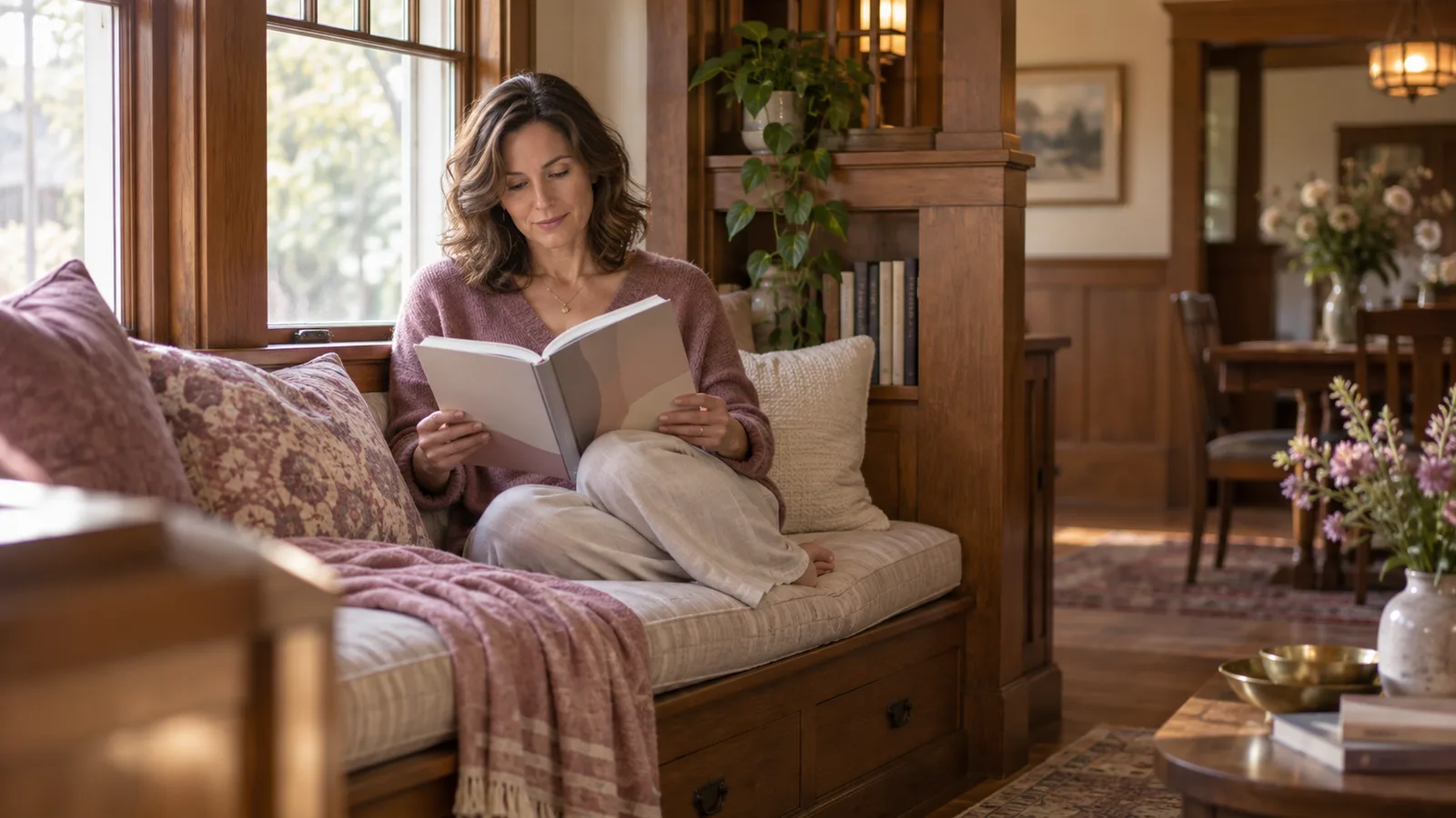 A woman reads a printed booklet on a cushioned window seat in afternoon light