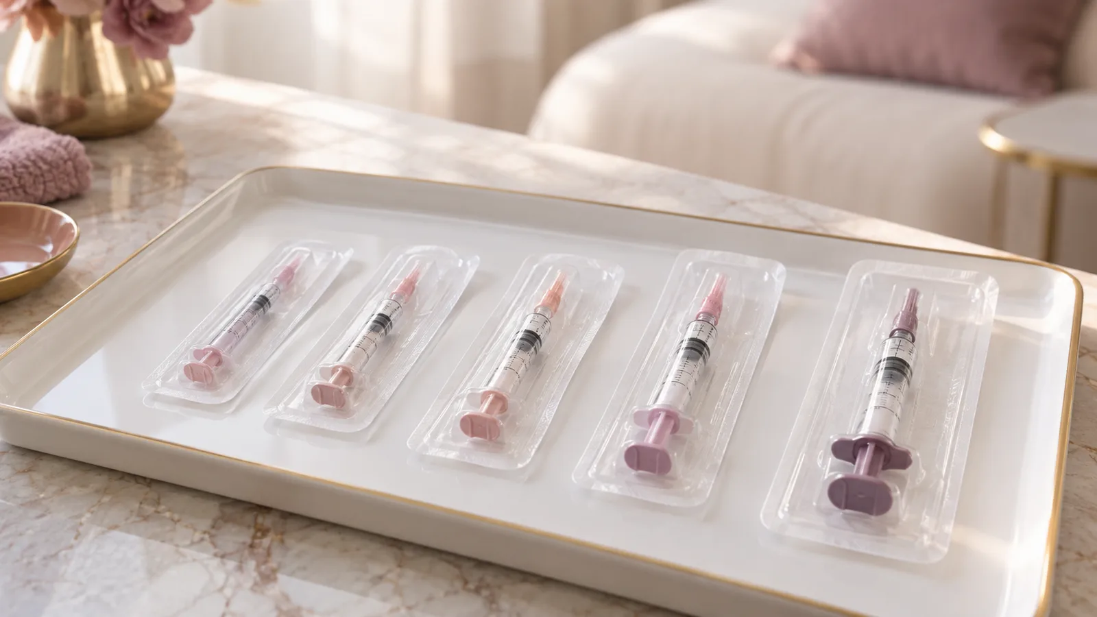 Five sealed syringes of different sizes laid in a row on a white tray