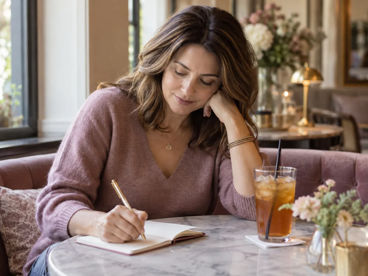 A woman writes in a notebook at a café table beside a glass of iced tea
