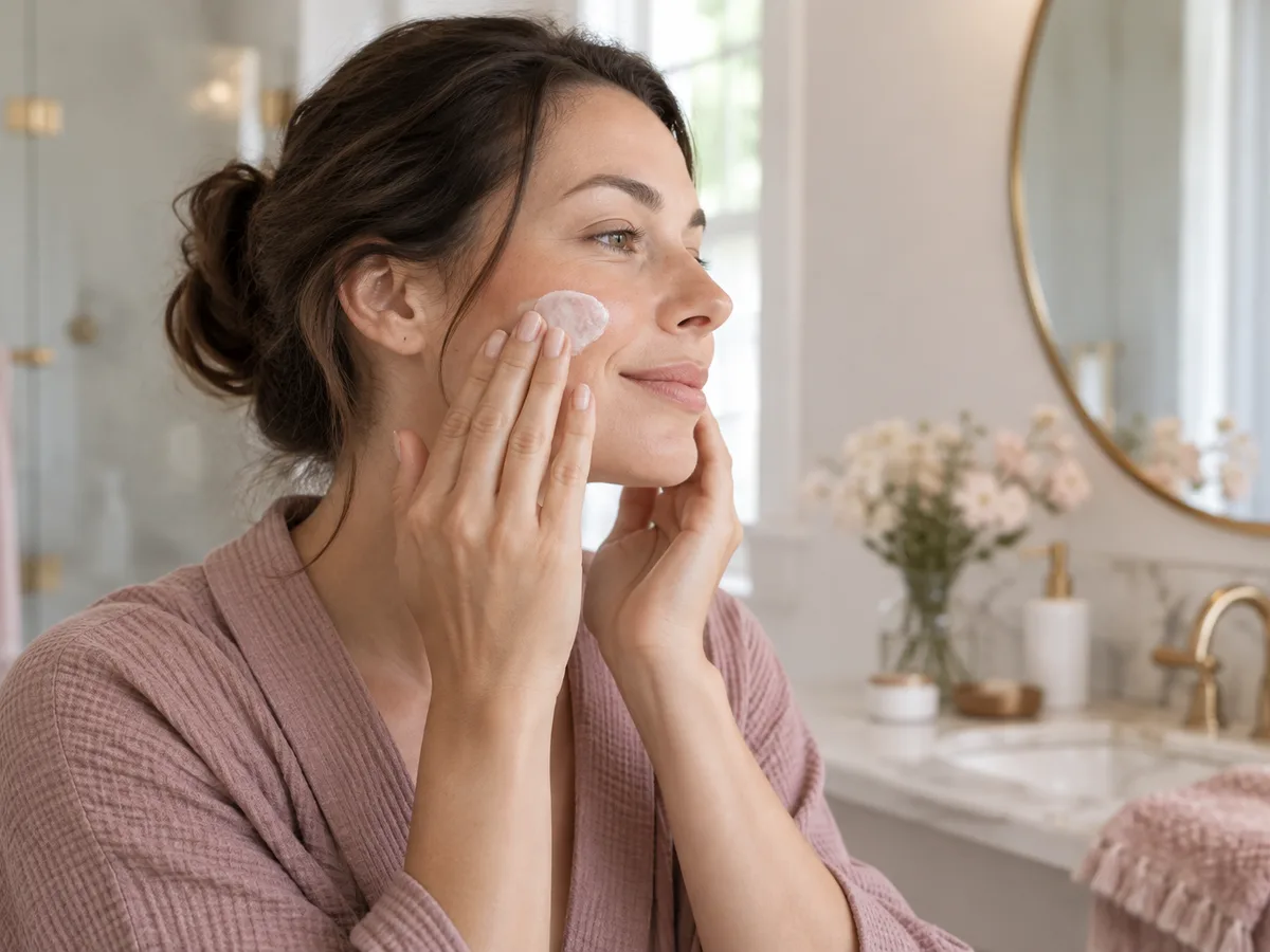 A woman smooths moisturiser onto her cheeks with both hands in a bright bathroom