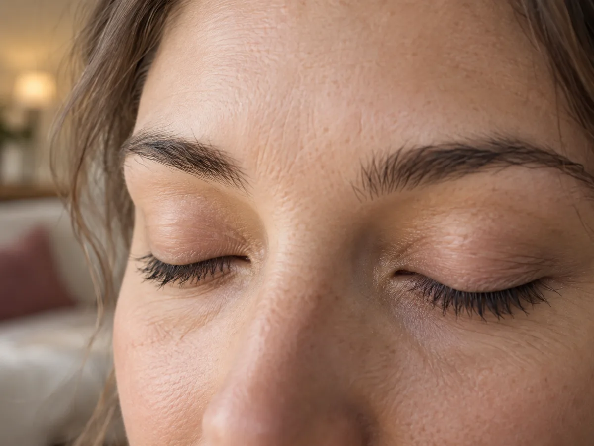 Close view of a woman's closed eye and under-eye skin in soft natural light