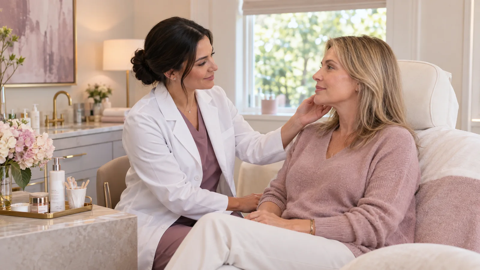 A woman in a white coat lightly touches the neck of a seated woman