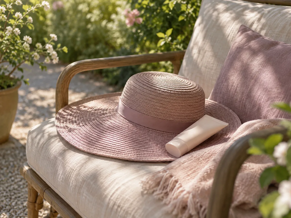 A wide-brimmed sun hat and a tube of sunscreen on a cushioned garden chair